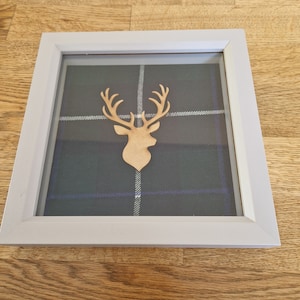 8&quot;X8&quot; Picture , White Frame with Stags Head with a Douglas Tartan background