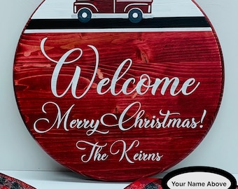 Personalized Red Truck Door Hanger/Christmas/Holiday/Your Name