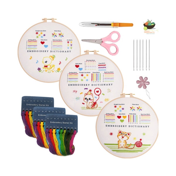 Beginner Cross Stitch Set, Hand-Embroidery Kit for Beginners 3 Hoops, Cross-stitch, Needlework, Crewel DIY Set