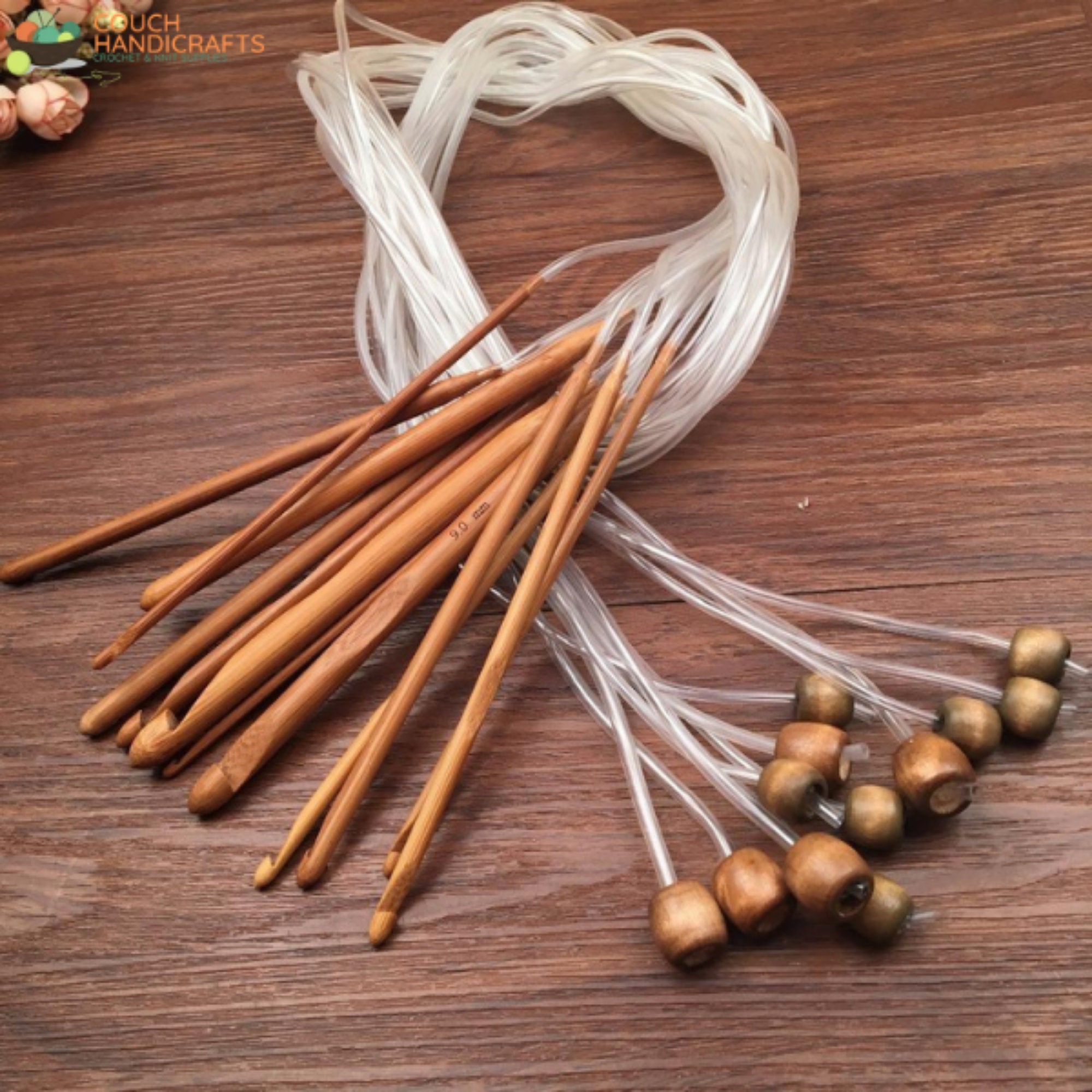 Tunisian Crochet Hooks With Cable Chords, Wooden Hooks, Afghan
