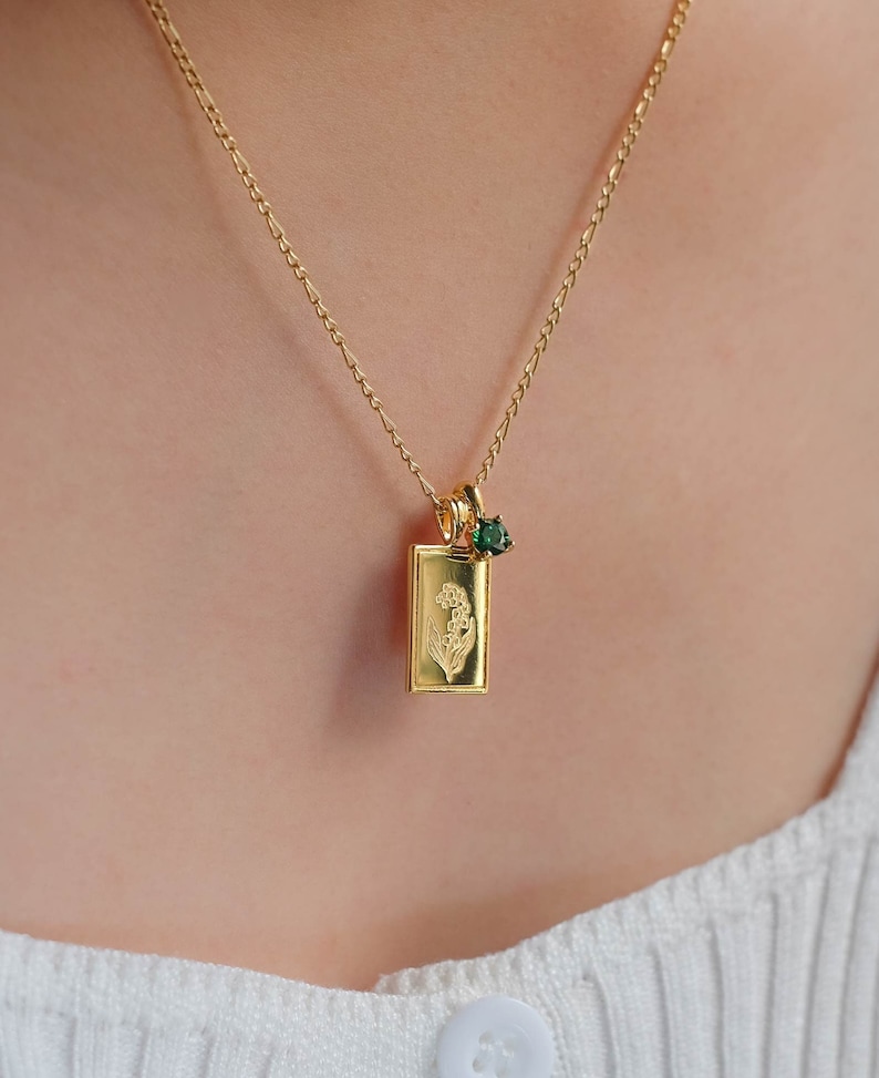 May Lily of the Valley Birth Flower Pendant / 14k Gold Chain Necklaces / Emerald Birth Stone Charm by Sachelle Collective image 1