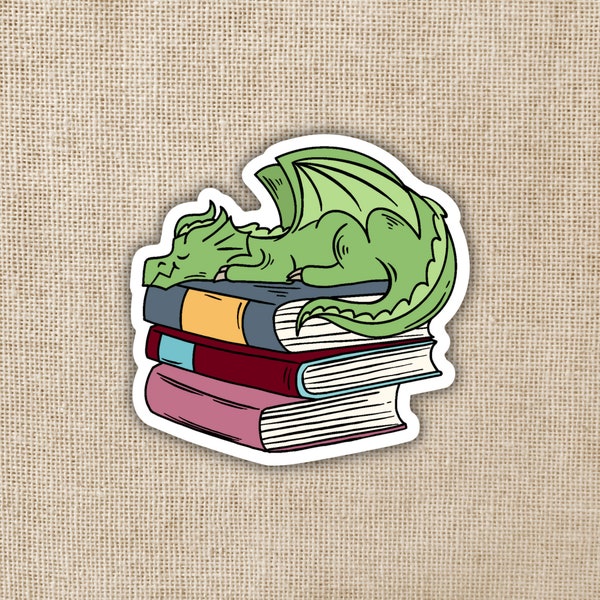 Dragon Sleeping on Book Pile Sticker | Vinyl, Dishwasher Safe Sticker, 3-inch