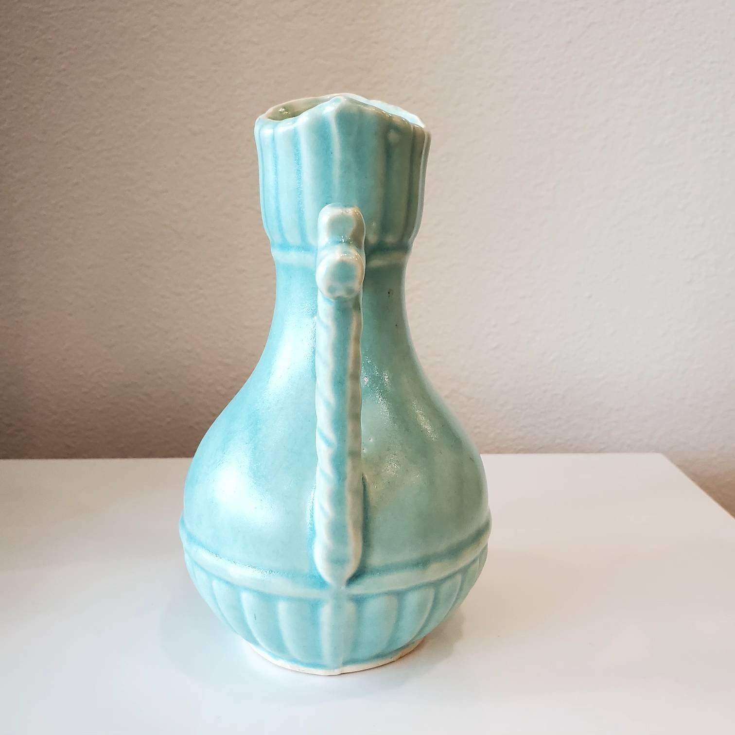 Vintage Ceramic Unmarked Mccoy Pottery Teal Blue Pitcher Vase Etsy