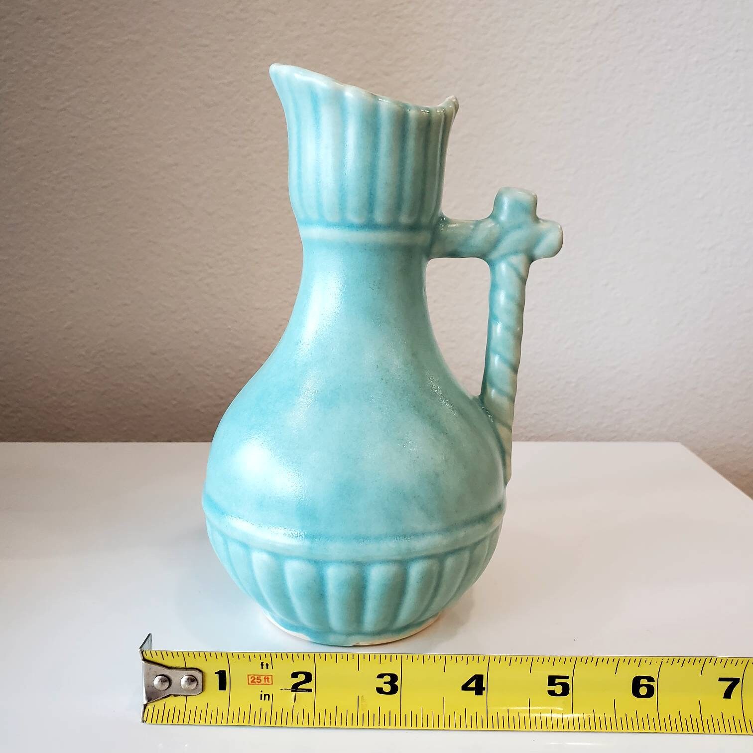 Vintage Ceramic Unmarked Mccoy Pottery Teal Blue Pitcher Vase Etsy