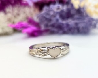 Sterling Silver Angel Wing Ring | Heart Breastmilk Keepsake Jewellery | Memorial Gift | Cassiel