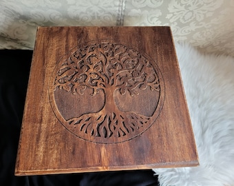 Side table with tree of life carving from mango wood