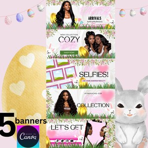 May include: Five colorful banners with Easter-themed graphics and text. The banners advertise a new hair collection with the words "Cozy Sets", "Selfies!" and "Let's Get Springy".