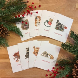 Set of 8 Holiday Cards, Cute Quirky Animal Card, Watercolor