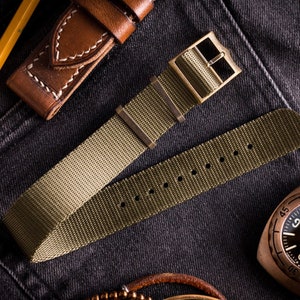 Bronze Hardware - Military Green Adjustable Single Pass Slip Through Watch Strap ( 20 & 22mm ) Vintage Looking Strap
