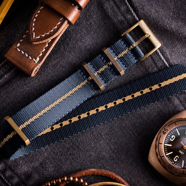 Hardware in bronzo - Cinturino di ricambio per cintura di sicurezza Premium Asteroid blu e beige (20 e 22 mm) per Omega, Rolex