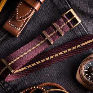 Bronze Hardware - Dark Red &quot;Burgundy&quot; and Beige Premium Seat Belt Slip Through Watch Strap ( 20 & 22mm ) Replacement Strap for Omega, Rolex