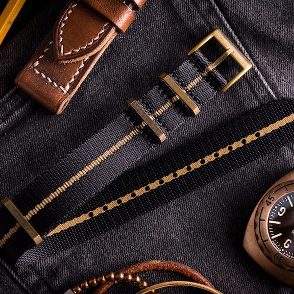 Bronze Hardware - Schwarz und Beige Premium Sitzgurt Durchschieben Uhrenarmband (20 & 22mm) Ersatzarmband für Omega,Rolex