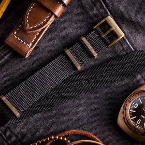 Bronze Hardware - Black Premium Nylon Canvas Slip Through Watch Strap ( 20 & 22mm ) Replacement Strap for Omega, Rolex, Longines