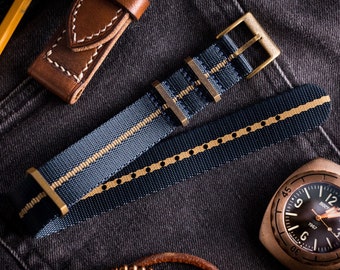Bronze Hardware - Asteroid Blue and Beige Premium Seat Belt Slip Through Watch Strap ( 20 & 22mm ) Replacement Strap for Omega, Rolex