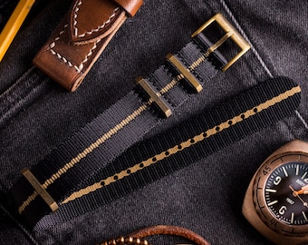 Bronze Hardware - Black and Beige Premium Seat Belt Slip Through Watch Strap ( 20 & 22mm ) Replacement Strap for Omega, Rolex