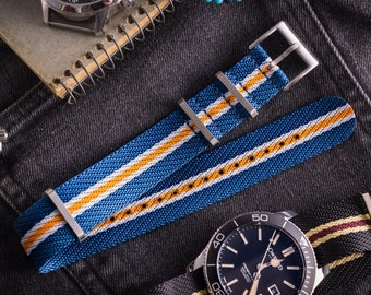 Blue, White and Orange – Premium Twill Slip Through Watch Strap ( 20 & 22mm ) Replacement Strap for Omega, Rolex, Longines