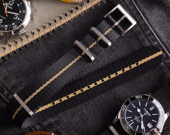 Black / Beige – Thick Premium Slip Through Watch Strap ( 20 & 22mm ) Replacement Strap for Omega, Rolex, Longines