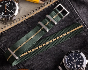 Night Green / Beige – Thick Premium Slip Through Watch Strap ( 20 & 22mm ) Replacement Strap for Omega, Rolex, Longines