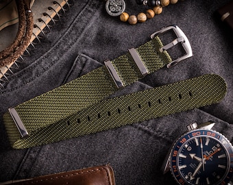 Military Green – Premium Twill Slip Through Watch Strap with Polished Hardware ( 20 & 22mm ) Strap for Omega, Seiko, Sinn, Rolex