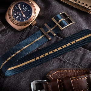 Bronzen hardware: asteroïde blauw en beige verstelbaar single-pass horlogebandje (20 en 22 mm) vintage ogend bandje