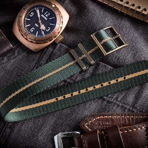 Bronze Hardware Green and Beige Adjustable Single Pass Slip Through Watch Strap 20 22mm Vintage Looking Strap Etsy