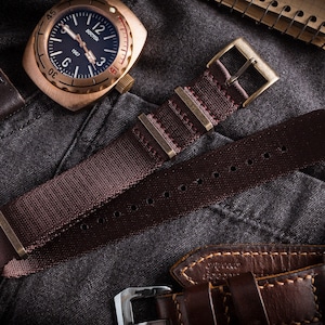Bronze Hardware - Brownish Maroon Premium Seat Belt Slip Through Watch Strap ( 20 & 22mm ) Replacement Strap for Omega, Rolex, Longines