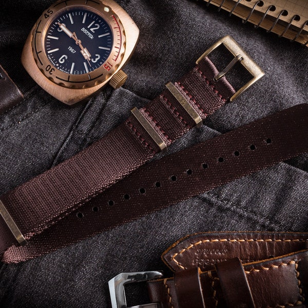 Bronze Hardwares - Brownish Maroon Premium Sea Belt Durchrutschen Uhrenarmband (20 & 22mm) Ersatzarmband für Omega,Rolex, Longines