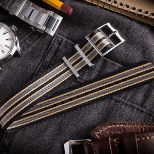 James Bond – Black, Grey, Beige – Adjustable Single Pass Slip Through Watch Strap ( 20 & 22mm ) Replacement Strap, No Time to Die