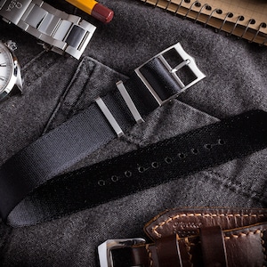 Black Adjustable Single Pass Seat Belt Slip Through Watch Strap ( 20 & 22mm ) Replacement Strap for Omega, Rolex, Seiko, Sinn