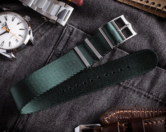 Night Green Adjustable Single Pass Seat Belt Slip Through Watch Strap ( 20 & 22mm ) Replacement Strap for Omega, Rolex, Seiko, Sinn