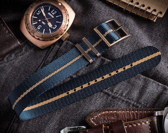 Bronze Hardware - Asteroid Blue and Beige Adjustable Single Pass Slip Through Watch Strap ( 20 & 22mm ) Vintage Looking Strap