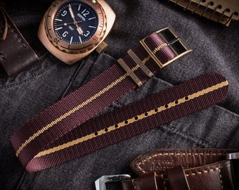 Bronze Hardware - Dark Red &quot;Burgundy&quot; and Beige Adjustable Single Pass Slip Through Watch Strap ( 20 & 22mm ) Vintage Looking Strap