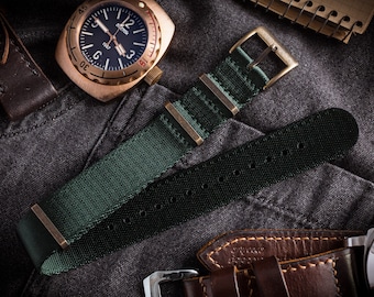 Herrajes de bronce - Correa de reloj premium verde noche tipo cinturón de seguridad (20 y 22 mm) Correa de repuesto para Omega, Rolex, Longines