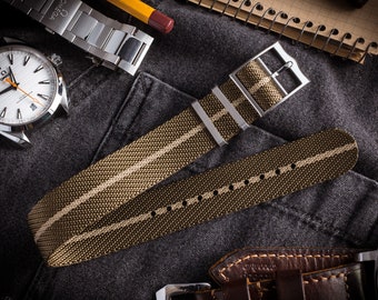 Oil Green and Beige Adjustable Single Pass Twill Slip Through Watch Strap  20 22mm Replacement Strap for Omega, Rolex, Longines