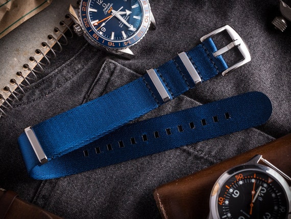Deep Blue Premium Seat Belt Slip Through Watch Strap With Polished