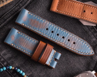 Correa de repuesto MV027 Vintage de piel azul claro con costuras beige y trabillas marrones (20-28 mm) para Panerai, VDB