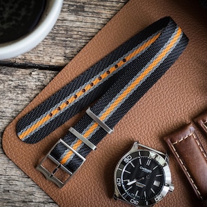 Svart och orange – Justerbart klockarmband i twill med genomgående passform (20 och 22 mm) Ersättningsarmband för Omega, Rolex, Longines