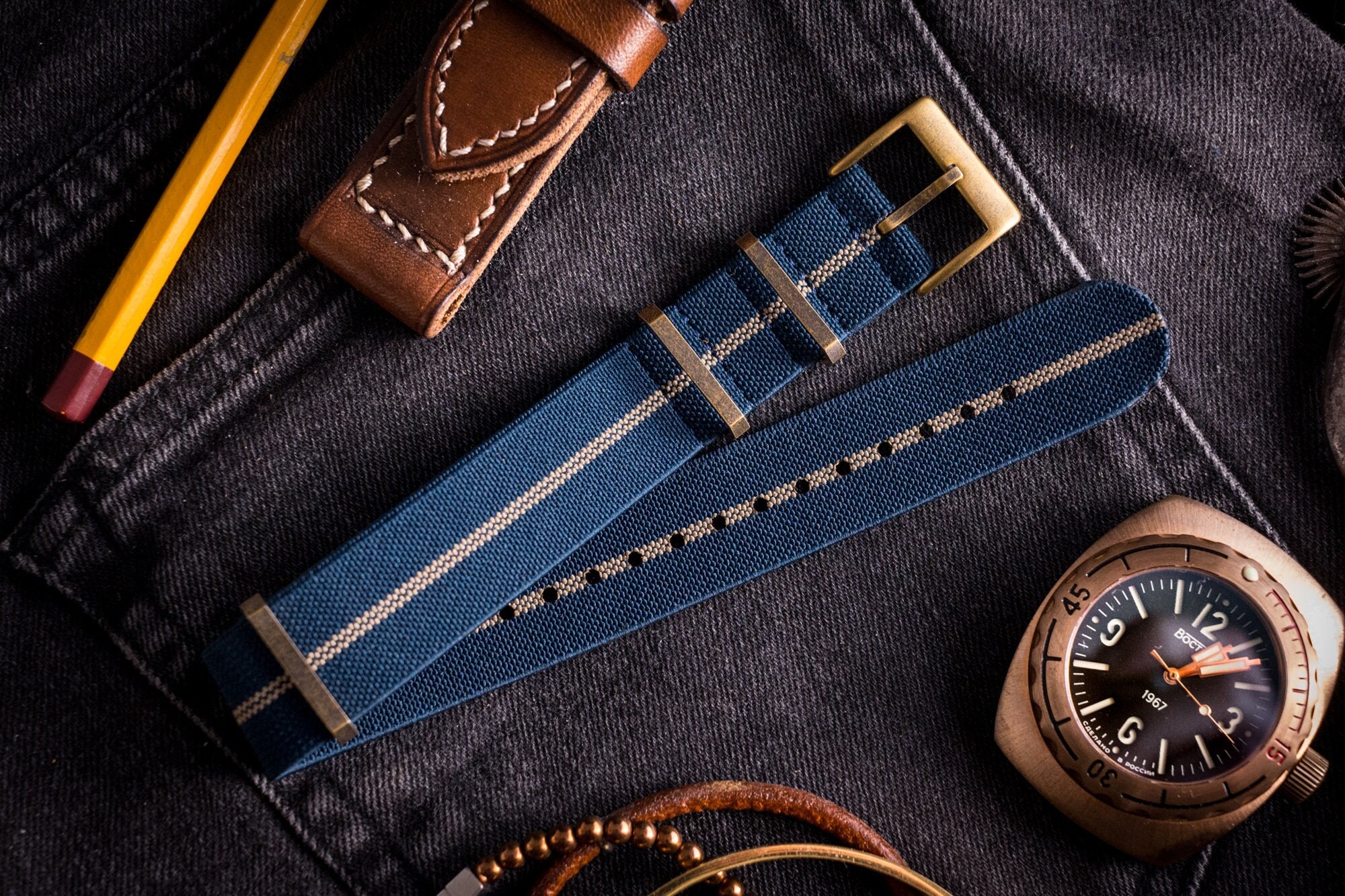 Bronze Hardware - Blue and Beige Premium Elastic Slip Through Watch Strap ( 20 & 22mm ) Replacement Strap for Omega, Rolex