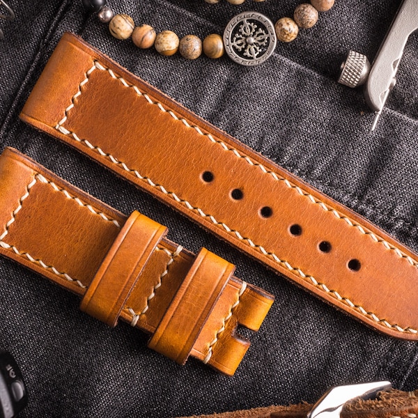 26/24mm Handmade Tan Brown Leather Watch Strap 130/80mm avec surpiqûres beiges pour Panerai, Ennebi, VDB - Tous les bracelets en cuir fabriqués à la main
