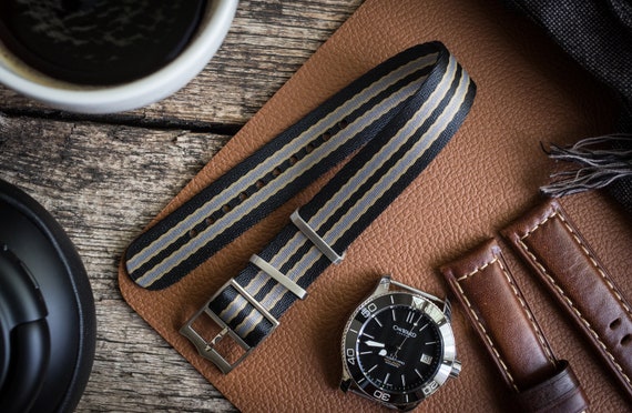 Bond – Black, Grey – Adjustable Single Pass Seat Belt Slip Through Watch  Strap 20 22mm Replacement Strap, No Time to Die