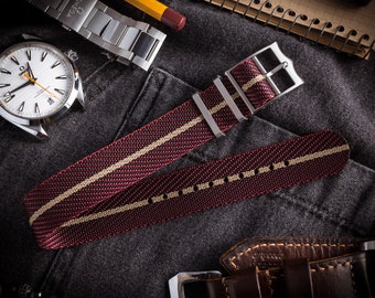 Burgundy and Beige Adjustable Single Pass Twill Slip Through Watch Strap ( 20 & 22mm ) Vintage Looking Strap for Omega, Rolex, Longines