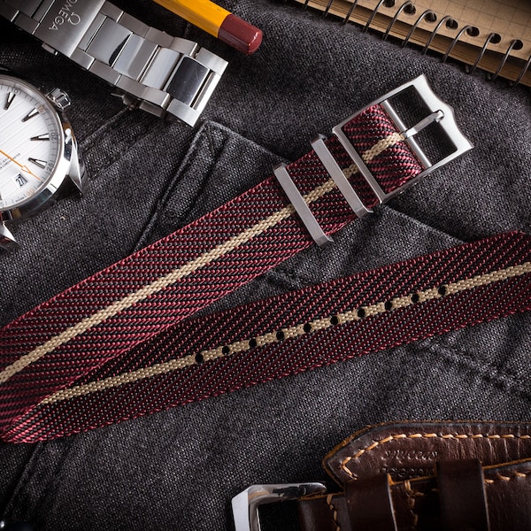 Burgundy and Beige Adjustable Single Pass Twill Slip Through Watch Strap ( 20 & 22mm ) Vintage Looking Strap for Omega, Rolex, Longines