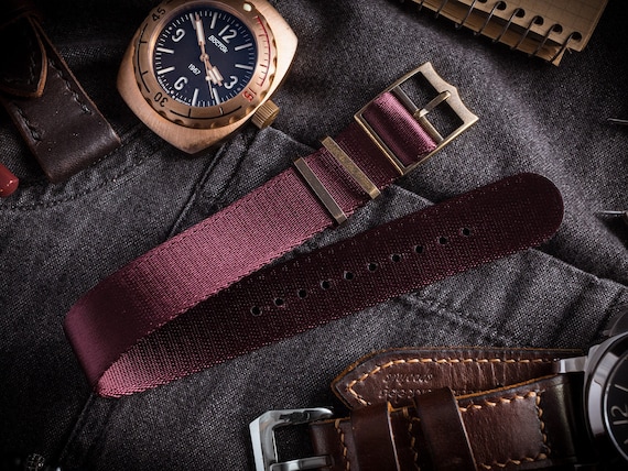 Bronze Hardware - Burgundy Adjustable Seat Belt Single Pass Slip Through Watch Strap ( 20 & 22mm ) Vintage Looking Retro Watch Band