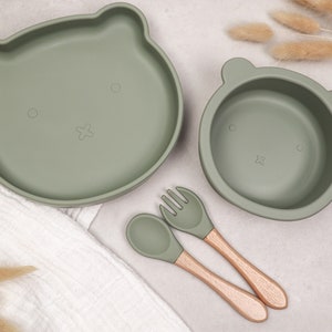 Silikon Geschirrset mit Teller, Schüssel, Gabel und Löffel Kinder /Baby grün Bär Bild 1