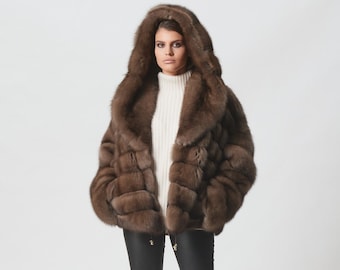 Platinum Sable Fur Short Jacket with Hood Made of 100% Real Fur. Fourrure