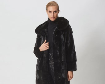 Black Mink Fur Jacket with Hood Made of 100% Real Mink Fur