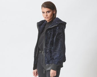 Navy Blue Swakara Fur Bomber with Hood. Excellent Quality