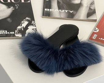 Genuine Leather Slides with Fox Trimm in Blue Colour. Real Fox Fur