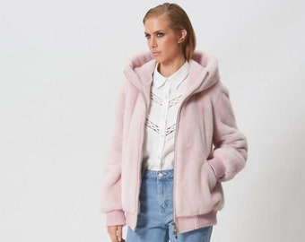 Light Pink Mink Fur Bomber with Hood