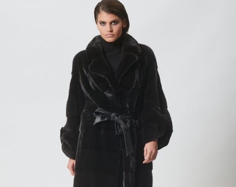 Black Mink Fur Jacket: Leather Belt, Rever Collar, Made-to-Order